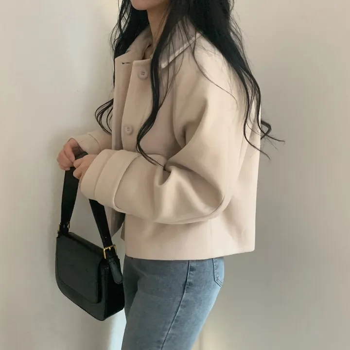 봄가을 크롭재킷 오버핏 아이보리 블랙 싱글버튼 숏코트 상세 이미지 40