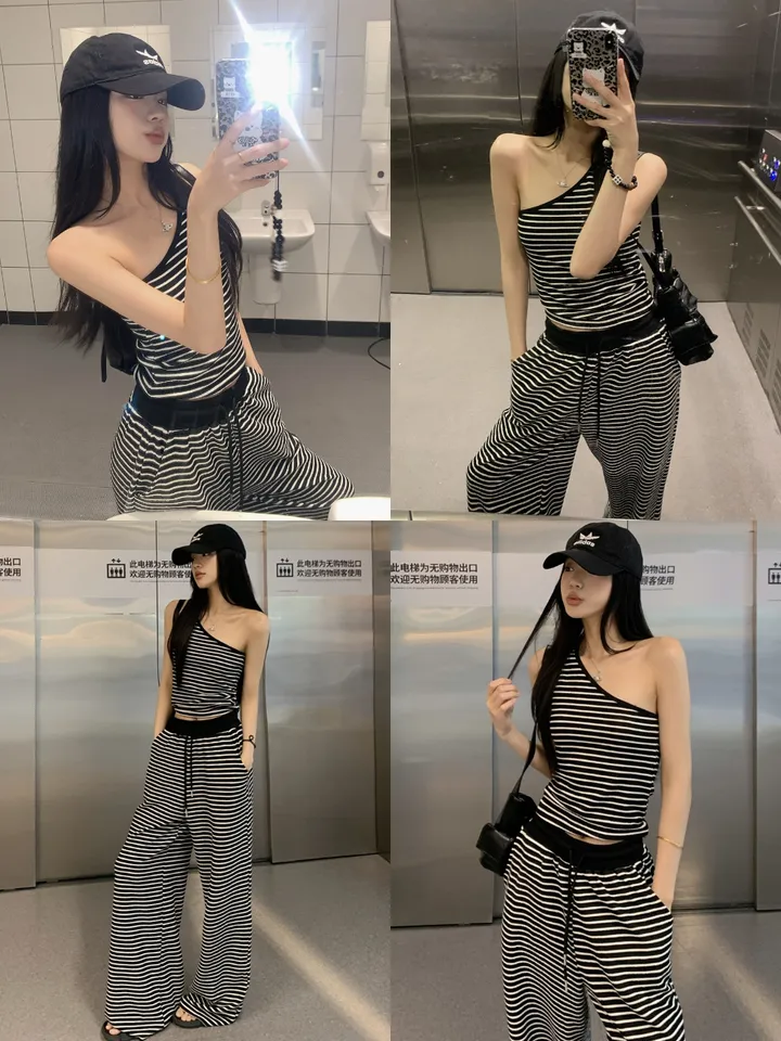 [봄신상💗/휘뚜루템]카르마 원숄더 스트라이프 민소매 나시 + 배색 팬츠 2pc 코디세트 상세 이미지 2