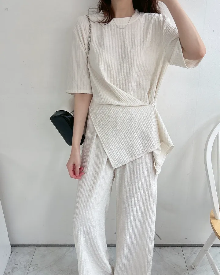 set 찰랑 링클 주름 언발 허리단추 루즈핏 티셔츠 밴딩팬츠 투피스셋업 세트 상세 이미지 2