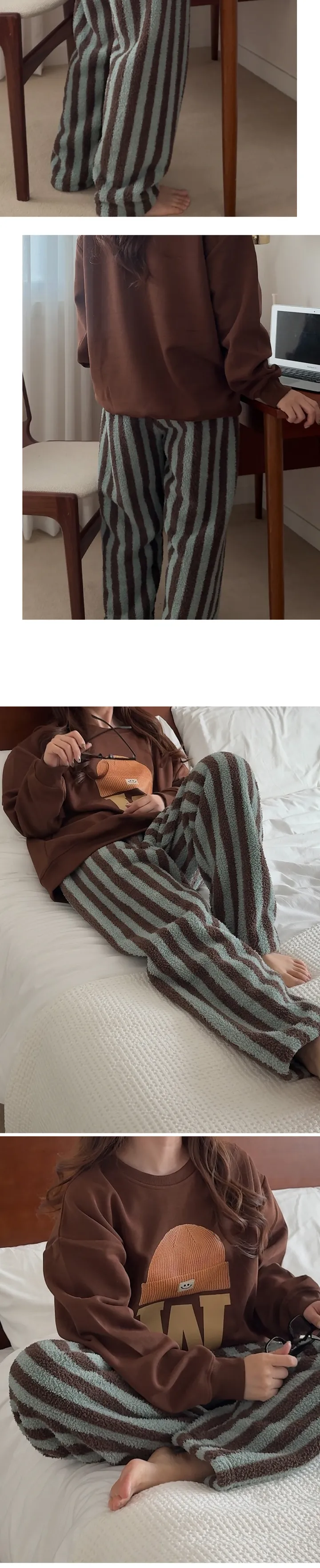 ❄️겨울신상👖 당일발송 버닌 스트라이프 무지 극세사 겨울 커플 긴바지 맨투맨 파자마 팬츠 세트 3color 상세 이미지 13
