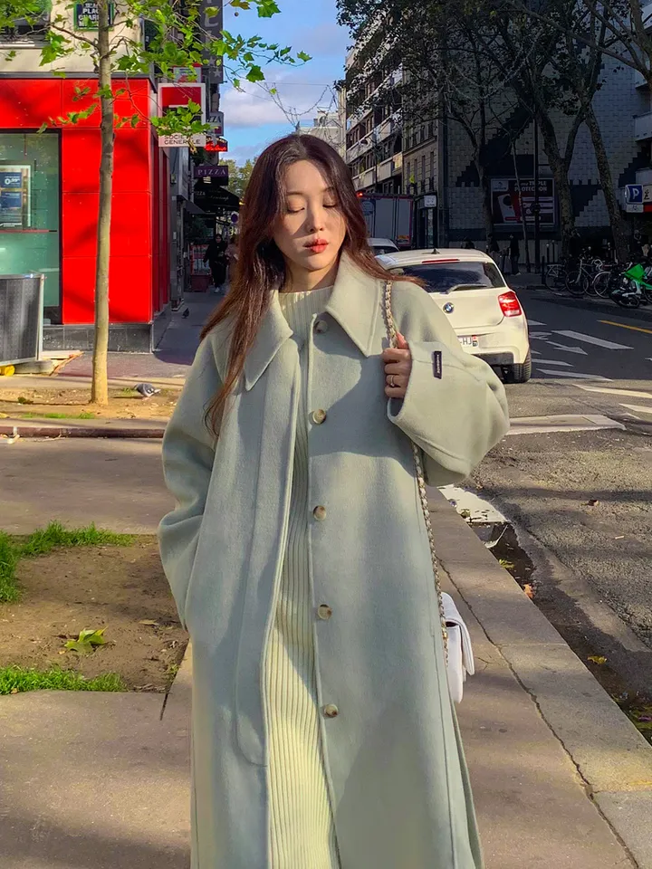 [메리노울100%🤎handmade] 백화점퀄 wool 핸드메이드 롱 울 코트 카라 로브 모직 루즈핏 벨트 싱글 히든버튼 트임 겨울 아우터 네이비 베이지 민트 3col 상세 이미지 52