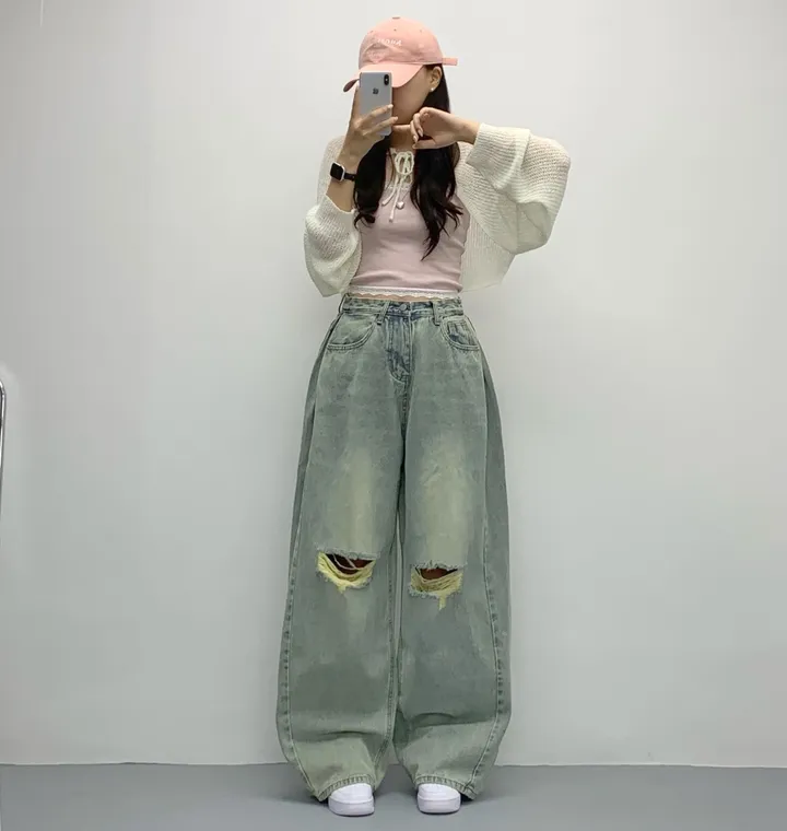 당일🚀[숏,롱/~XL/찐인생바지] 슬릿 찢청 폴딩 빈티지워싱 벌룬핏 옆핀턱 와이드팬츠 무릎트임 데님 청바지 기장선택 빅사이즈까지 오버핏팬츠 여름청바지 상세 이미지 42