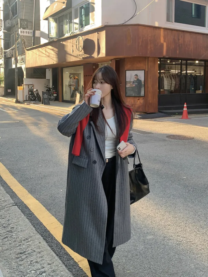 [브랜드퀄/안감누빔] 브랜드 퀄리티 누빔 그레이 스트라이프 롱코트 루즈핏코트 더블코트 겨울코트 스트라이프코트 상세 이미지 16