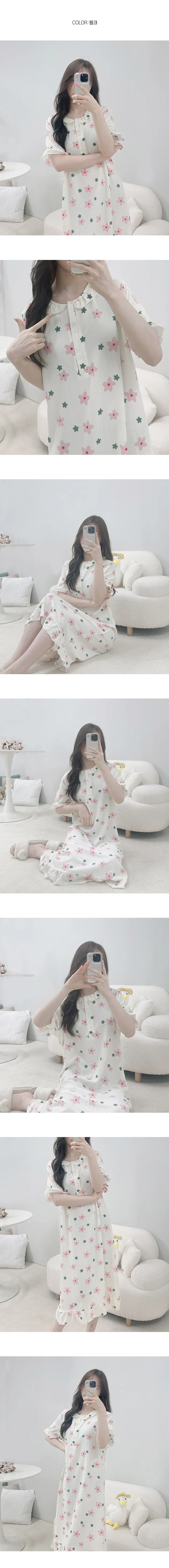 플라워 지지미 여성 여름 반팔 홈웨어 파자마 잠옷 원피스 상세 이미지 5
