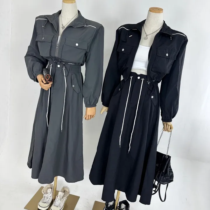[데일리세트/봄신상/휘뚜루마뚜/세트가격💗] 바스락 루즈핏 삥줄 패드 포켓 스트링 하이넥 집업 바람막이 자켓 + 하이 뒷밴딩 스트랩 스트링 아노락 롱스커트 SET(2COLOR) 상세 이미지 10