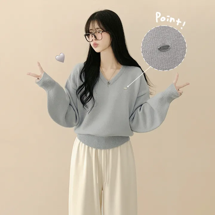 [파스텔색감💭/도톰폭닥~] 와펜포인트 아방핏 브이넥 루즈핏 허리잘록 긴팔니트 상세 이미지 2