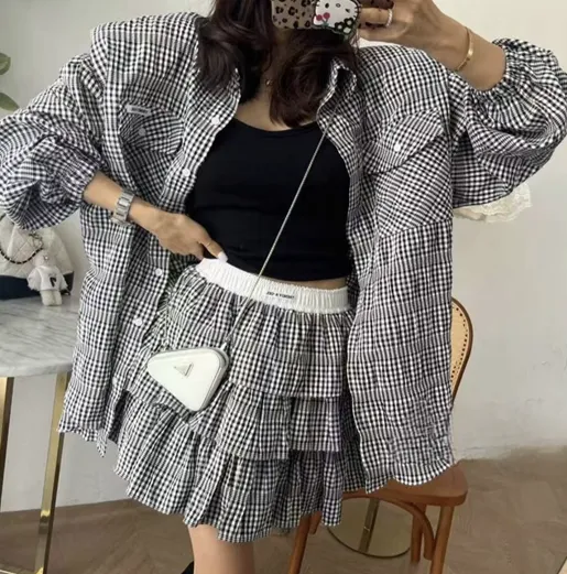 ((투피스룩*고퀄)) 오버핏 체크셔츠 캉캉치마 투피스 박시핏 빅사이즈 남방 치마 스커트 트레이닝 세트 여행룩 상세 이미지 3