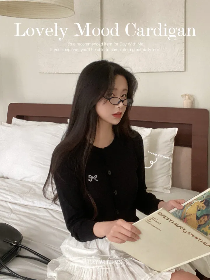하객룩 긴팔 블랙 라운드 리본 자수 숏 니트가디건 상세 이미지 1