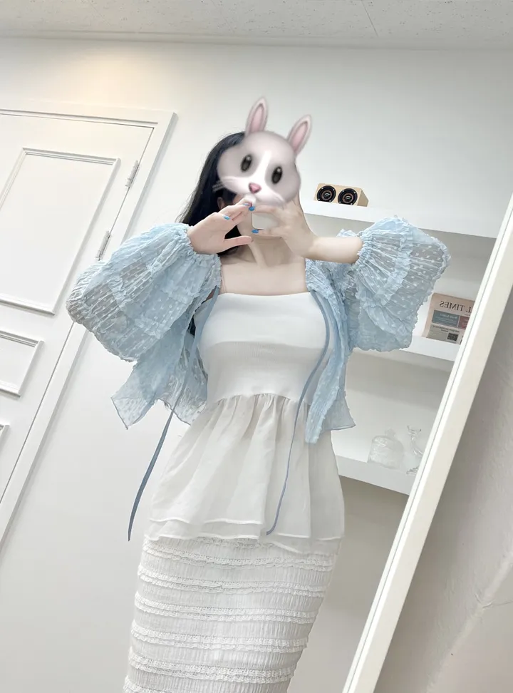🩵공쥬핏+어깨패드O🩵쉬폰 퍼프 땡땡이 볼레로 가디건 (3COLOR) 시스루 프릴가디건 휴양지룩 여행룩 볼레로블라우스 상세 이미지 11