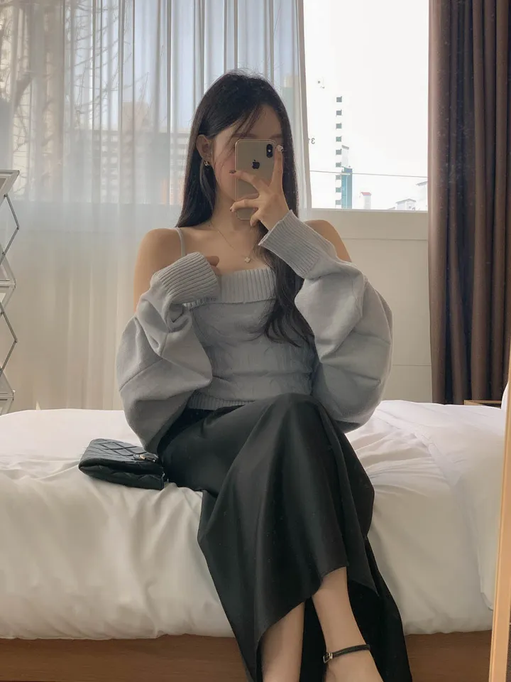 [찐애정템ㅠ고퀄버전*나시볼레로setෆ부유방삭제핏] 빈츠 꽈배기 끈나시 + 루즈핏 긴팔 볼레로 세트 니트 탑 나시 크롭 볼레로 가디건 스판 긴팔 투피스 세트 봄 가을 데일리룩 데이트 상세 이미지 44