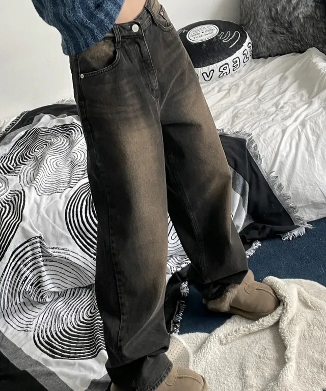 머드 초콜릿 브라운 블랙 와이드 데님 팬츠