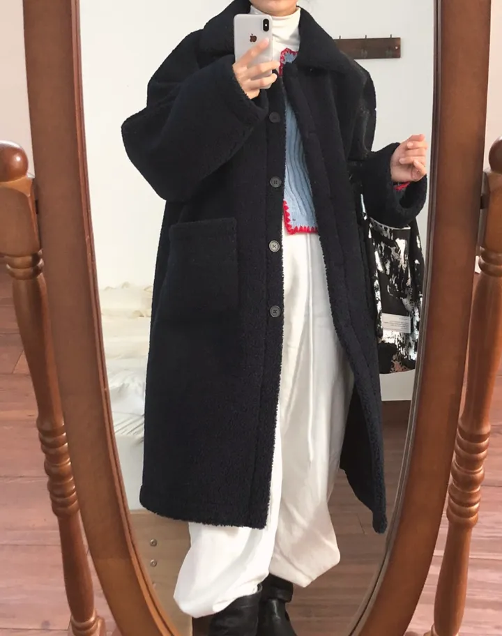 따뜻❤️뽀글이 털코트 겨울 카라 오버핏 롱코트 상세 이미지 4