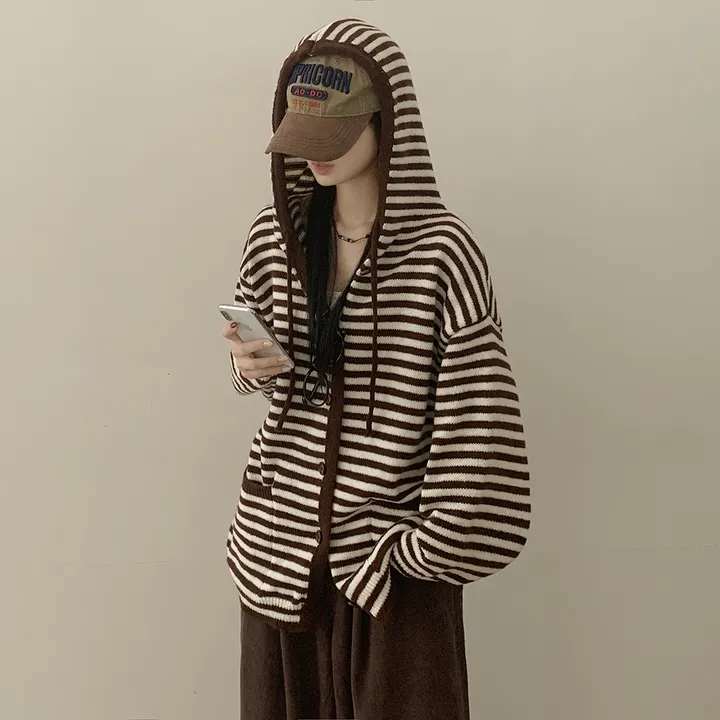 [울함유/폭닥✨] 빈티지힙 오버핏 스트라이프 단가라 니트 후드가디건 단추 집업 상세 이미지 16