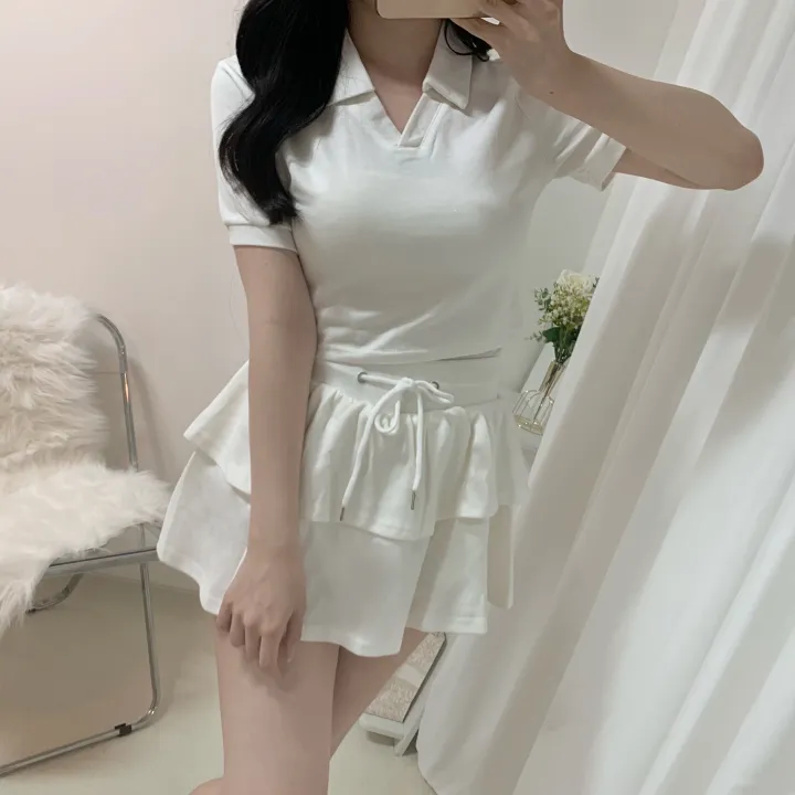 [세트가격/러블리💛] 플레인 배색 카라 크롭 반팔 + 밴딩 캉캉 치마바지 미니스커트 투피스 세트 4color 상세 이미지 43