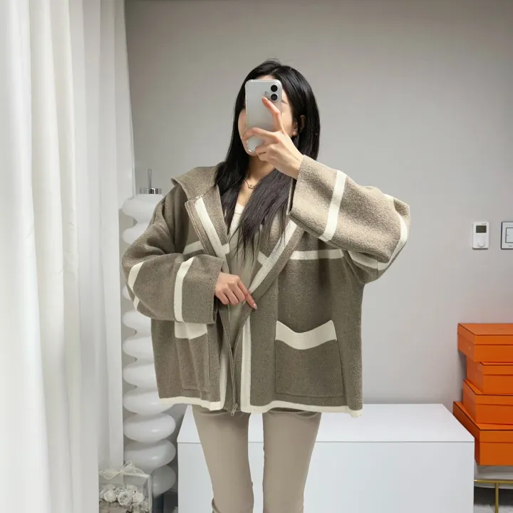 *꾸안꾸, 루즈핏* 라인 배색 니트 후드집업 가디건 자켓 상세 이미지 10