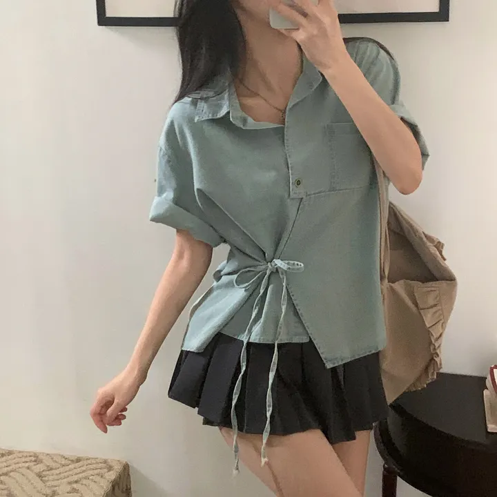 [단독판매🤍/리본포인트!] 데님 사이드 리본 포인트, 루즈핏 카라셔츠 남방 - 2color 상세 이미지 20