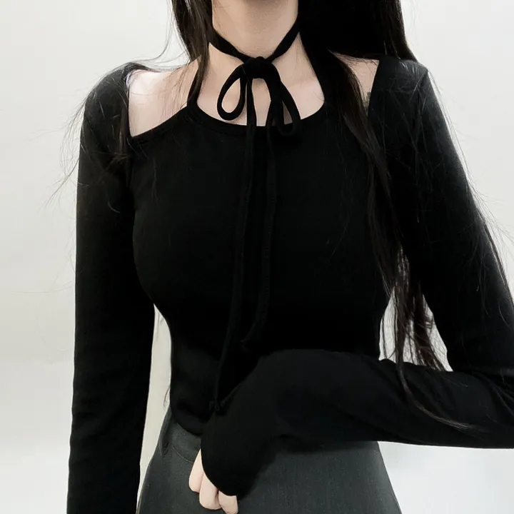 봄신상🌺 [모델강추/3color] 홀터넥 리본 스트랩 어깨 트임 티셔츠 상세 이미지 5