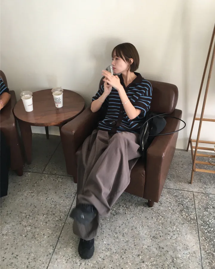 [온트추천] (UNISEX) 모리 스트라이프 카라 반팔 가디건 상세 이미지 18