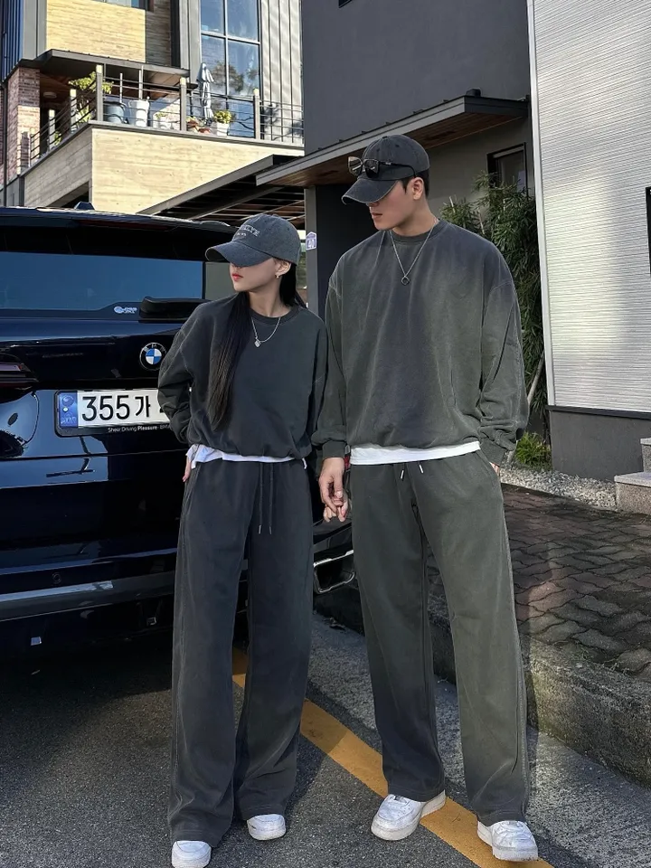 크롭~4XL/ 피그먼트 맨투맨 커플 트레이닝 세트 크롭 오버핏 남녀공용 팬츠 긴바지 겨울 봄 가을 커플룩 커플 시밀러룩 꾸안꾸 투피스 셋업 스트릿 남자 코디 데이트 빅사이즈 코마 상세 이미지 6