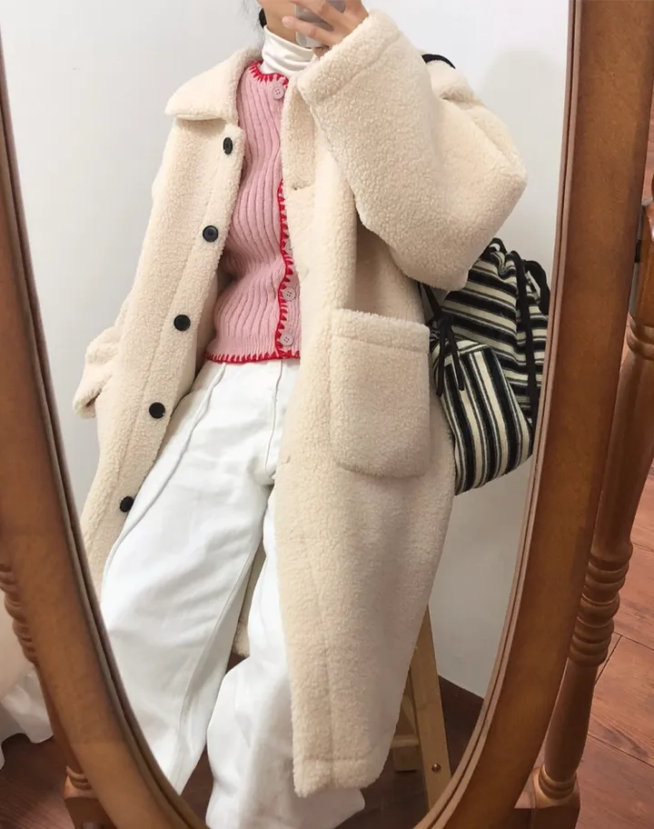 따뜻❤️뽀글이 털코트 겨울 카라 오버핏 롱코트 상세 이미지 19