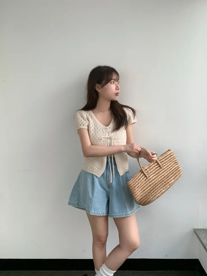 멜라운지 콤비 하프 가디건 mellounge 2col 반팔 여름 리본 펀칭 레이어드 러블리 상세 이미지 12