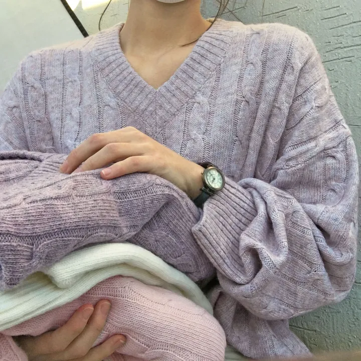[컬러믹스,봄] 루즈핏 꽈배기 니트 / 봄가을, 매일입는 스프링 케이블 울니트 / 보카시 브이넥 오버핏 긴팔티 상세 이미지 35