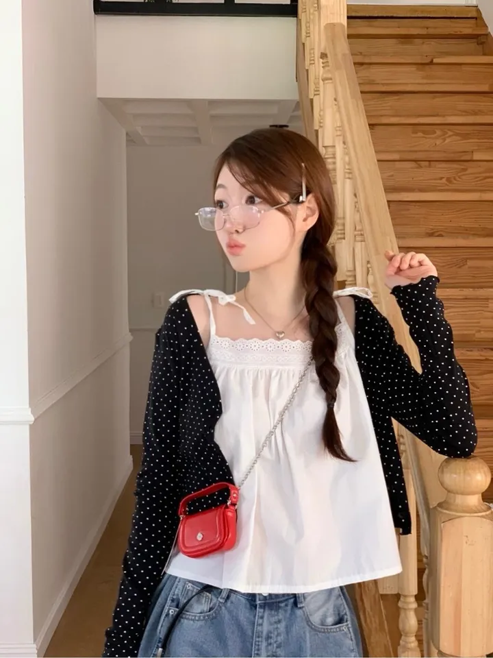 [도트가디건🖤]아떼 여리핏 도트 패턴 코튼 브이넥 롱슬리브 크롭 물결 가디건 3color 상세 이미지 24