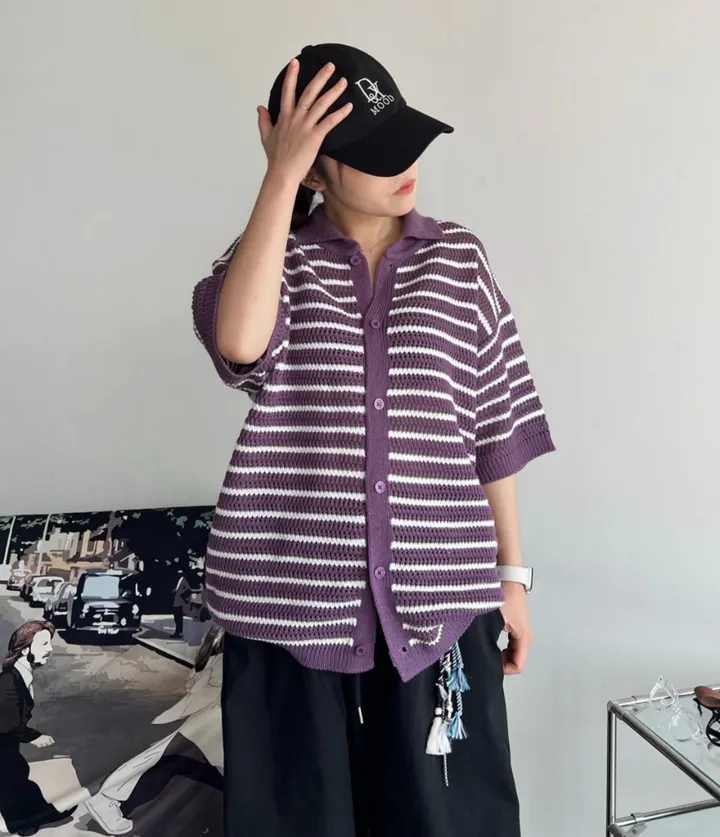 [통풍굿💨/반팔ver]델리ST 스트라이프 배색 오버핏 반팔 니트 가디건 커플 5color 상세 이미지 30