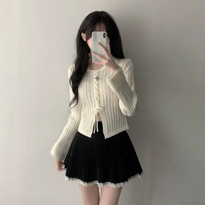 *스커트세일/상의품절* [코디세트/핏예뻐요🖤] 루미 퍼 카라 코르셋 골지 니트+레이스 테니스 미니 스커트 투피스 세트 상세 이미지 9