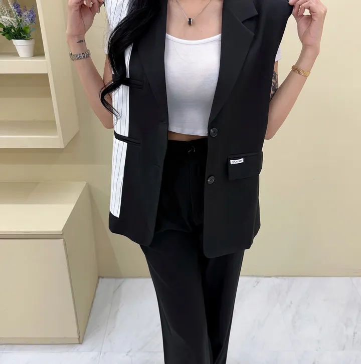 [패드내장/뒷패치/세트가] 왕 패드 포켓 패치 루즈핏 배색 스트라이프 베스트 조끼 린넨 자켓 + 하이 롱 와이드팬츠 슬랙스 투피스 셋업 (2COLOR) 상세 이미지 19