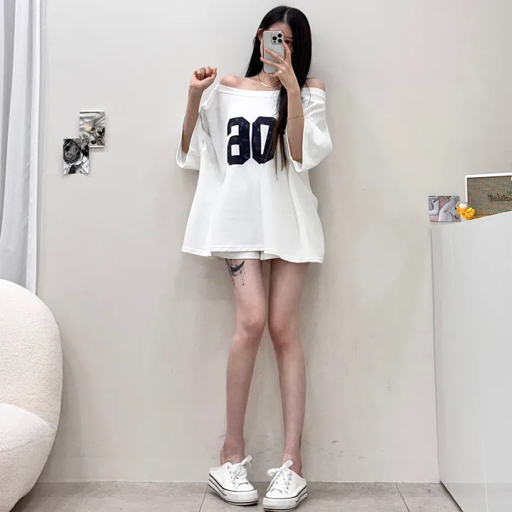 [왕루즈핏/핏대박템] 넘버식스 오버핏 입술넥 언발 오프숄더 반팔 박시 티셔츠+밴딩 하이웨스트 3부 숏팬츠 반바지 트레이닝 세트 투피스 셋업 4color 상세 이미지 18