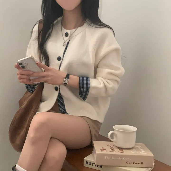 [저렴이X,원단달라요!/긱시크🤍] 버른 체크 레이어드 셔츠 배색 니트 가디건 - 5color 상세 이미지 19