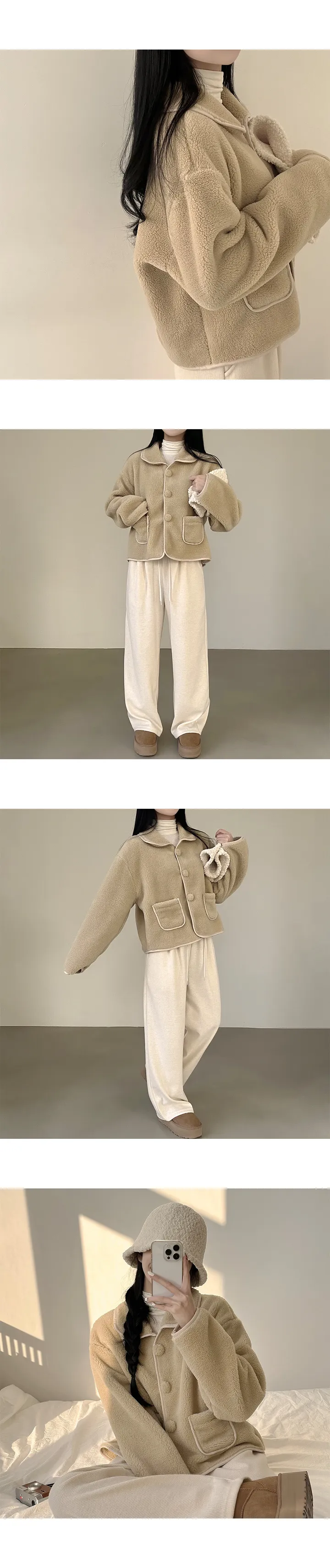 [아방핏/귀여움주의] 포근하게 감싸주는, 양털 뽀글이 카라 포켓 덤블 숏코트 (3color) 상세 이미지 4