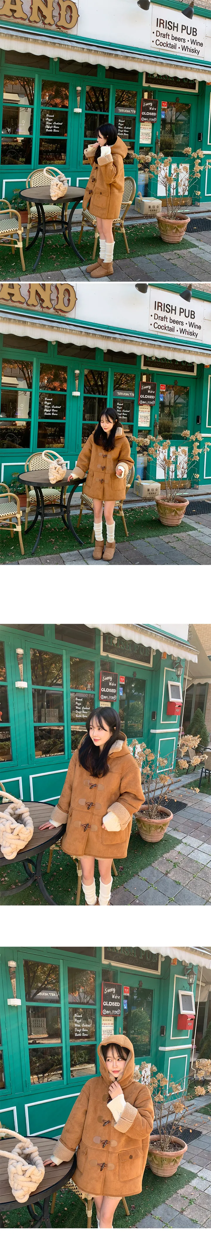 [아우터/겨울준비/안감양털🤎/후드탈부착] 떡볶이 단추 스웨이드 리얼 후드 양털 무스탕 더플 코트 자켓 하객룩 겨울코디  숏코트 아우터 데일리룩 상세 이미지 5