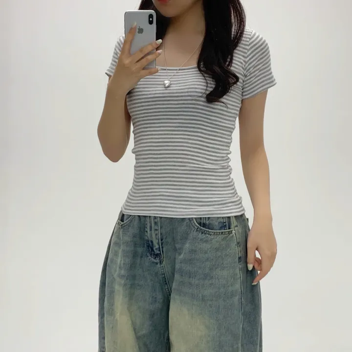 [슬림여리핏/핏보장] 제나 라운드 줄무늬 단가라 반소매티셔츠 여름반팔 기본티셔츠 (3Col) 상세 이미지 12