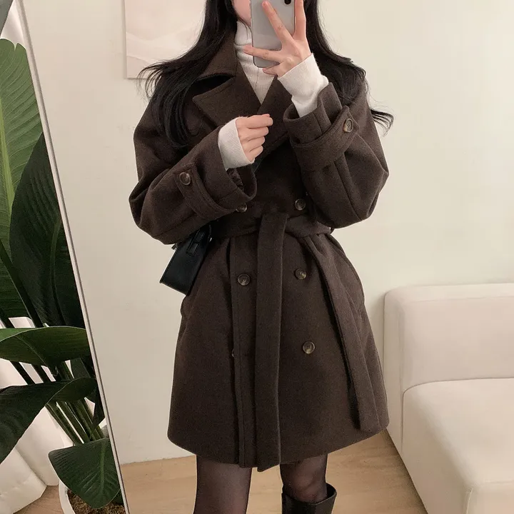 [누빔안감, 하객룩추천] 차분한무드 허리잘록 더블버튼 트렌치 하프 코트 상세 이미지 18