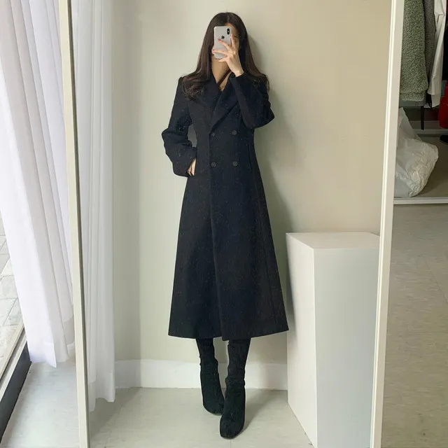 A라인 슬림 롱 플레어 더블 버튼 울코트 블랙 베이지 상세 이미지 7