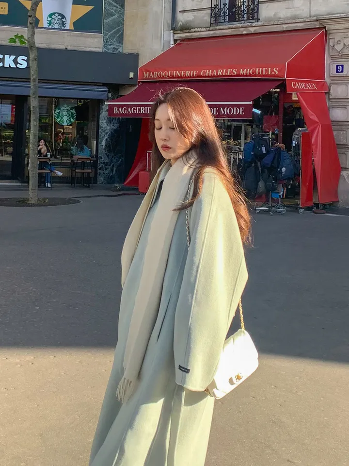 [메리노울100%🤎handmade] 백화점퀄 wool 핸드메이드 롱 울 코트 카라 로브 모직 루즈핏 벨트 싱글 히든버튼 트임 겨울 아우터 네이비 베이지 민트 3col 상세 이미지 61
