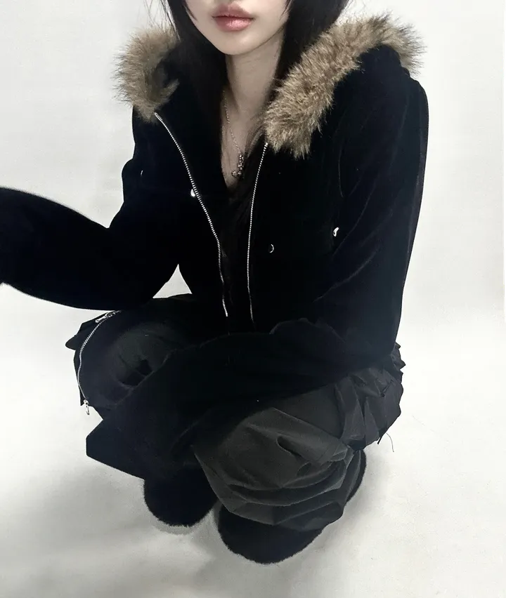 velvet fur hood  jacket- 벨벳 퍼 후드 자켓 2color (힙, 스트릿, 유니크, 크롭, y2k, 빈티지, 퍼, 집업, 후드집업) 상세 이미지 22