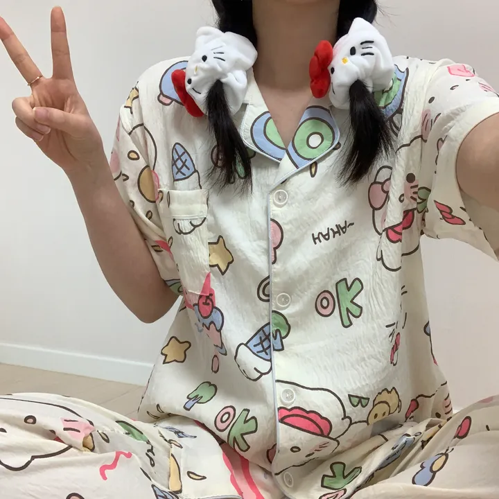 [3피스/빅사이즈도있어용!] 귀여운 리본 고양이 키티 캐릭터 집순이 생일선물 반팔 반바지 긴바지 쓰리피스 잠옷 세트 상세 이미지 7