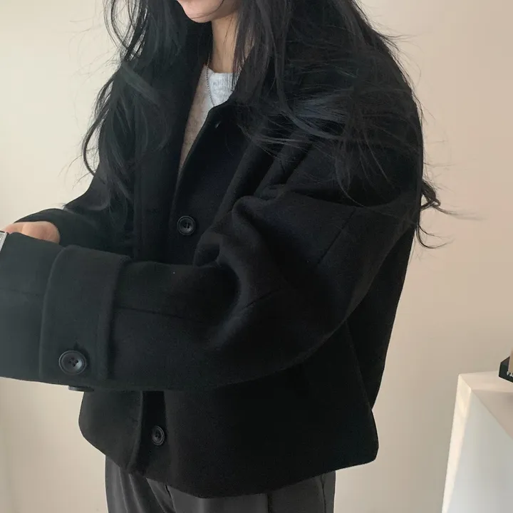 봄가을 크롭재킷 오버핏 아이보리 블랙 싱글버튼 숏코트 상세 이미지 42