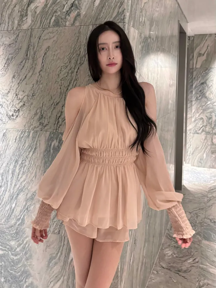 [요정템🧚] 물복숭아 쉬폰 플로럴 어깨트임 3단 코르셋 리본끈 투피스 세트 상세 이미지 26
