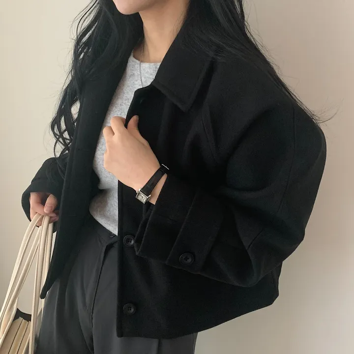 봄가을 크롭재킷 오버핏 아이보리 블랙 싱글버튼 숏코트 상세 이미지 44