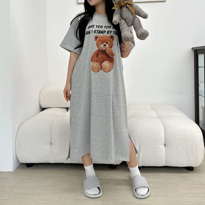 [국내/부드러운] 베어🐻 프린팅 반팔 롱 원피스 - 4color 상세 이미지 27