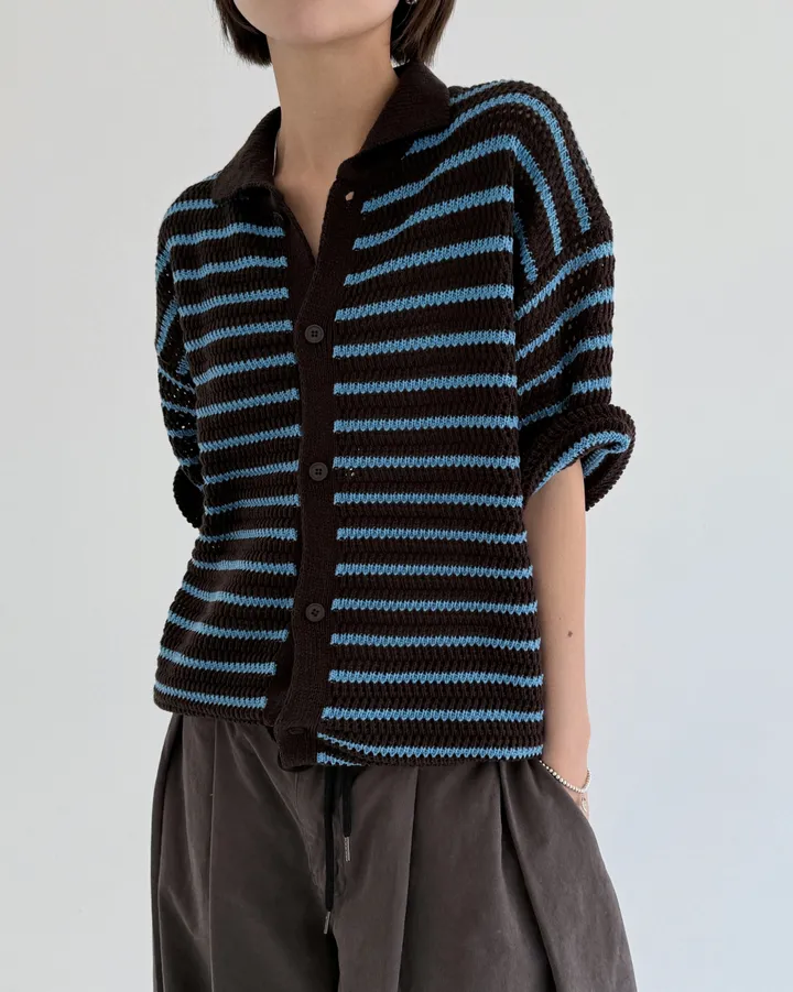 [온트추천] (UNISEX) 모리 스트라이프 카라 반팔 가디건 상세 이미지 24