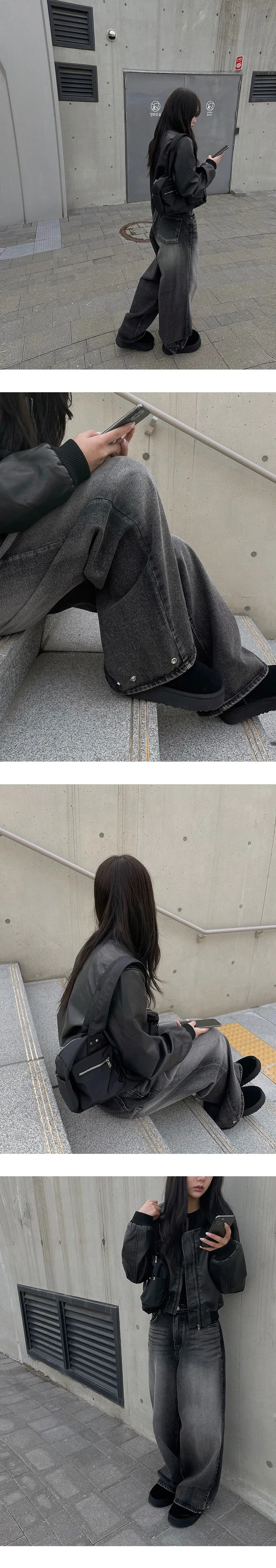 한나 흑청 똑딱이 워싱 와이드 팬츠 상세 이미지 9