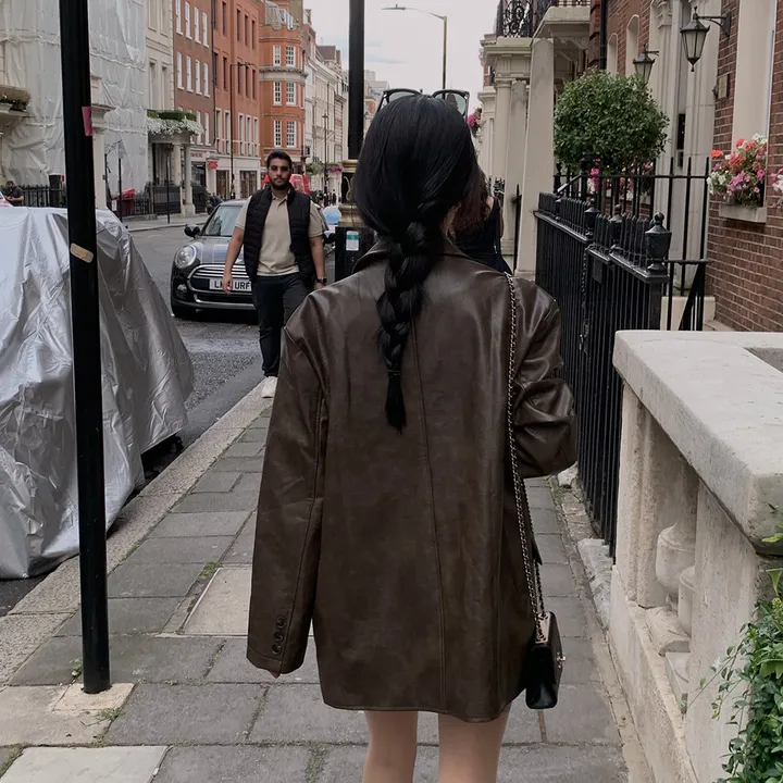 [모델소장/최저가🤎] 런던 원버튼 루즈핏 레더 블레이저 하프 자켓 - jk 상세 이미지 35