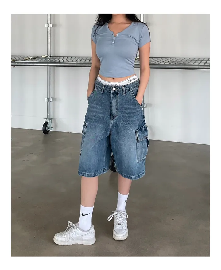 [UNISEX] 카고 데님 청 워싱 버뮤다 반바지 팬츠 (2color) 상세 이미지 14