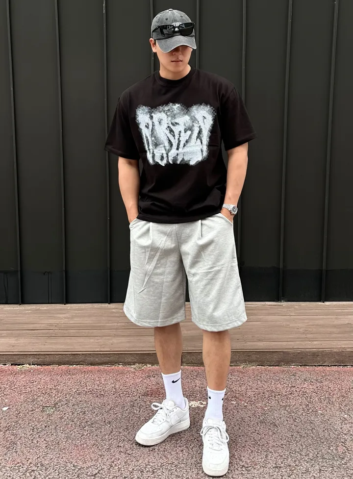 주문폭주ෆ 세트가능 남녀공용 스트릿 오버핏 반팔 여름 커플룩 커플티 레터링 루즈핏 반팔 티셔츠 핀턱 버뮤다 팬츠 밴딩 반바지 꾸안꾸 트레이닝세트 커플 시밀러룩 빅사이즈 코디세트 힙 상세 이미지 15