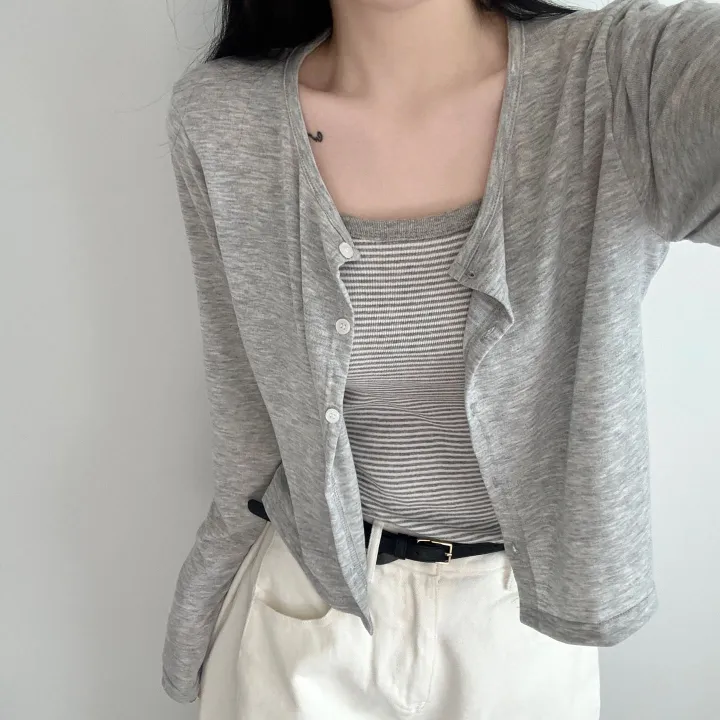 [데일리🖤] 여름 라운드 긴팔 가디건 + 단가라 스트라이프 나시 투피스 코디세트 - 세트,단품 선택가능 상세 이미지 3